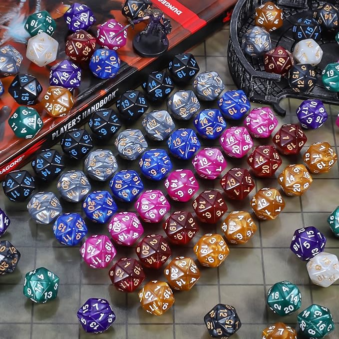 CiaraQ DND Polyhedral Dice (100pcs) with A Dice Bag Compatible with Dungeons and Dragons DND RPG MTG Role Playing Table Games (D20 dice, 10 colors-100 pcs)