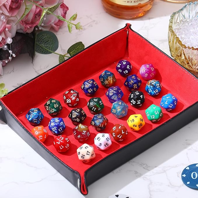 TecUnite 25 Pieces Polyhedral Dice Set with Black Pouch for Other Table Games with Random Multi Colored Assortment (Mix Color,20 Side)
