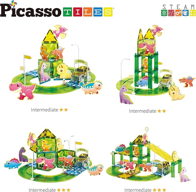 PicassoTiles Dinosaur Magnet Tile Race Car Track with 8 Magnetized Action Figures 2 Cars Accessory Street Sign Kit Magnetic Tiles Construction Building Block Pretend Play Education Toy Ages 3+ PTR02