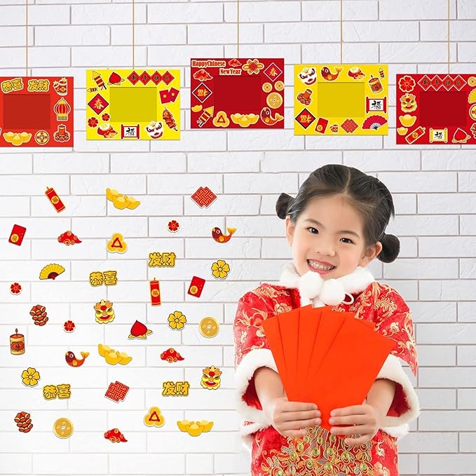 30 Packs Chinese New Year Craft Kits for Kids Lunar New Year DIY Picture Frame Craft Decorations 2025 Year of The Snake Chinese Art Favor Home Classroom Game Activities
