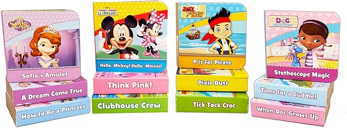 Disney Book Set for Toddlers ~ Pack of 12 Disney Board Books with Case and Stickers