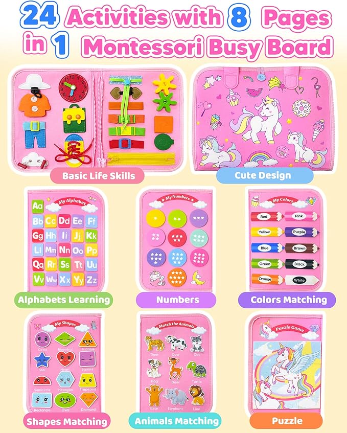 Toddler Busy Board Montessori Toys for 1 2 3 4 Year Old Girl Birthday Gifts, Busy Book Sensory Learning Toys for Toddlers 1-3, Educational Activities Airplane Car Travel Toy for Ages 2-4 Girl