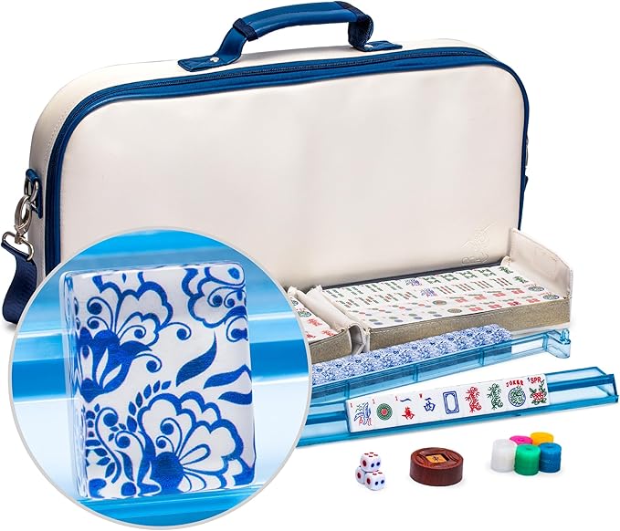 Yellow Mountain Imports American Mahjong Set, Chinoise with Soft Leatherette Case - Racks with Pushers, Scoring Coins, Dice, and Wind Indicator
