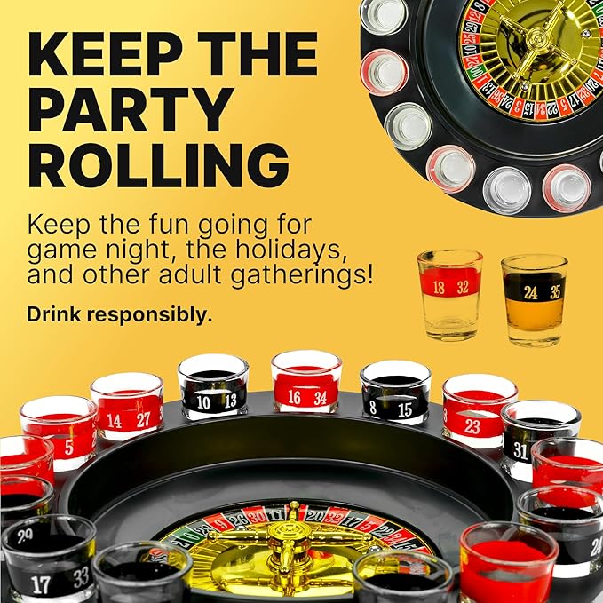 Shot Glass Roulette Drinking Game – 16-Piece Red/Black Set with 2 Metal Balls, Fun Adult Party Game for White Elephant, Game Nights, and Gifts