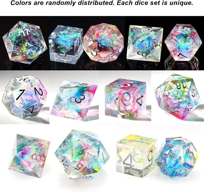 Haxtec Rainbow Sharp Edge Dice Set DND Dice with Iridescent Mylar Resin Dice Galaxy D&D Dice for RPG Role Playing Dungeons and Dragons Gift