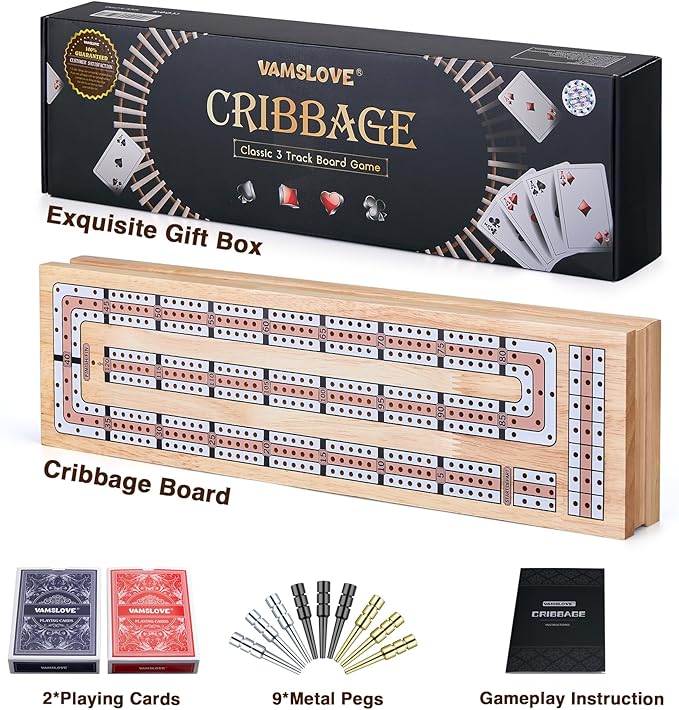 Vamslove Magnetic Cribbage Board 15'' Wooden Folding 3 Track Game Set, w/Instruction, Storage Slots for 2 Playing Cards/Pegs, Card Games for Travel Family Night
