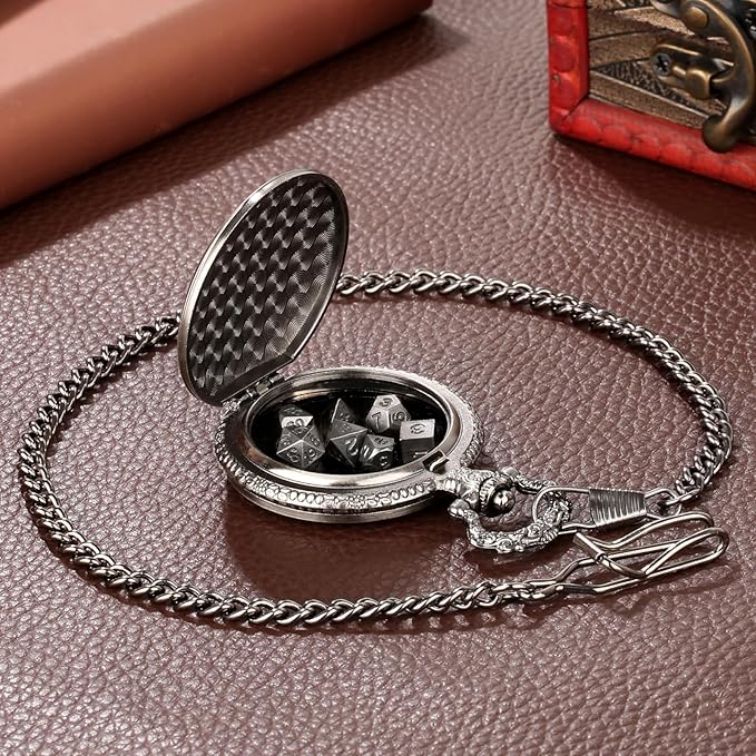 Mini DND Dice Set with Steampunk Double Eyed Octopus Pocket Watch Case, Tiny 7PCS Polyhedral Metal D&D Dice, DND Gifts with Gift Box, Role Playing Game Board Game Accessories Dice, Dark Silver