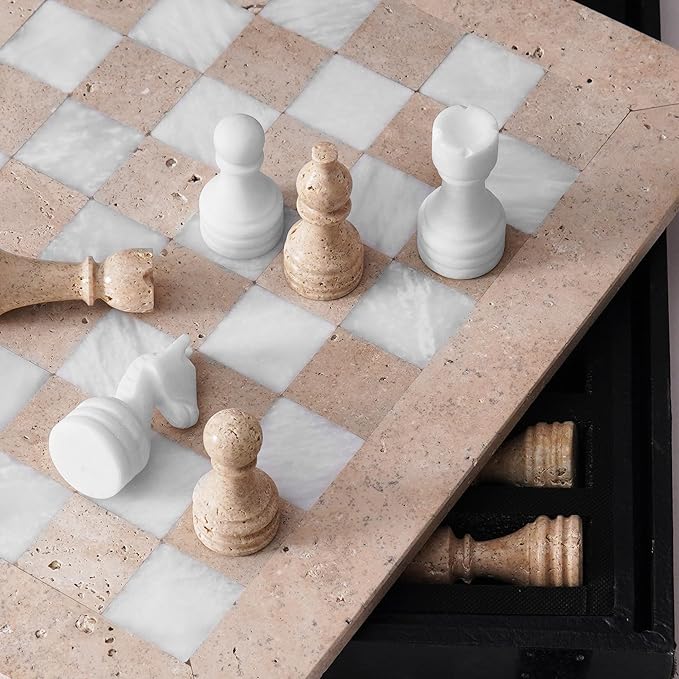 Marble Chess Set 15'' Inches Travertine and White Chess Board Games for Adults, Chess Pieces and Checkers Family Games, Travel Chess Set with 2 Extra Queens and Storage Box