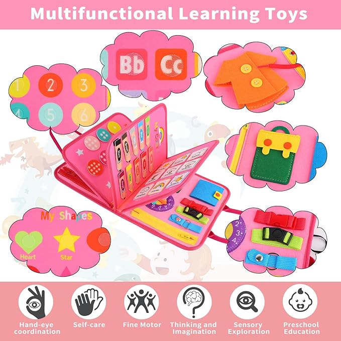 Busy Board for Toddlers Montessori Toys for 2 Years Old Girl Birthday Gift, 7 in 1 Preschool Learning Activities Toddler Travel Toys for Ages 1-4 with Life Skill, Car Ride Toys for Toddlers 1-3