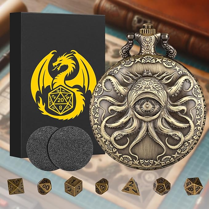 Mini DND Dice Set Steampunk One-Eye Octopus Pocket Watch Shell Case, 7-Piece Polyhedral Metal D&D Dice Set, DND Gifts with Gift Box, Role Playing Board Game Accessories Dice, Bronze