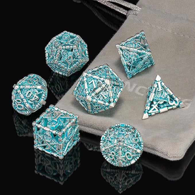 D&D Dice Set, Hollow Blue White Metal Grim Reaper Dice of 7 Piece,Polyhedral DND Dice Role PlayGaming for Dungeons and Dragons Table Game MTG or RPG (Blue and White)