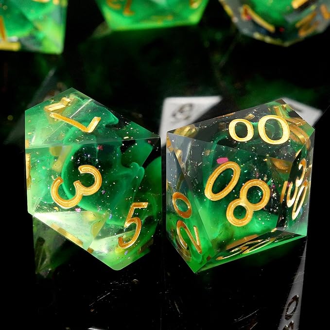 Haxtec Glitter DND Dice Set Sharp Edge Dice with Dice Case Handmade Green Resin D&D Dice Set for TTRPGs Dungeons and Dragons Gifts