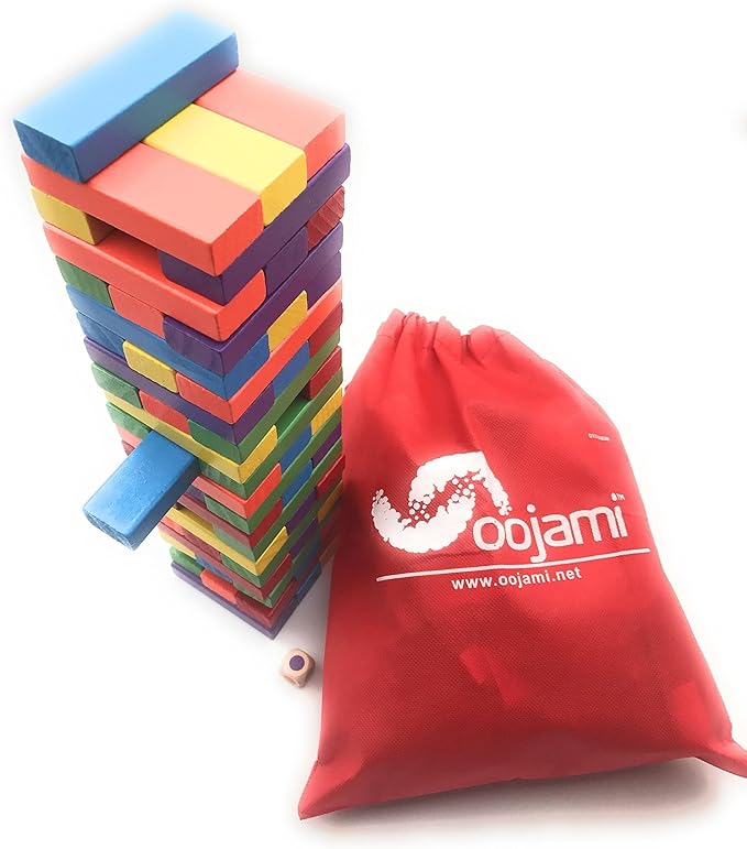 Oojami Wooden Tumbling Timber Toppling Stacking Board Games Building Blocks for Kids - 60 Pieces with Storage Bag Color Match Play Sets for Kids and Families