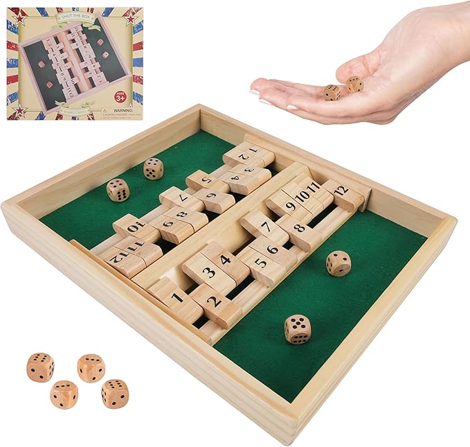 GOTHINK Wooden Shut The Box - Fun Table Math Game with Wooden Board for Adults & Kids - 12 Spots Dice Game with 4 Dices for 2+ Player Games, Popular Pub Board Game, Ideal for Game Night, Travel
