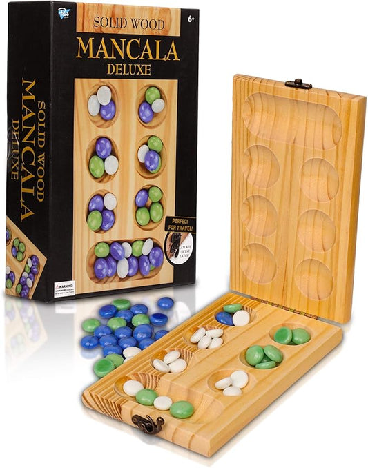 Point Games Solid Wood Deluxe Mancala - Folding Board Game w Metal Latch and Glass Marbles- Portable Strategy Travel Game - Recommended Ages 6+