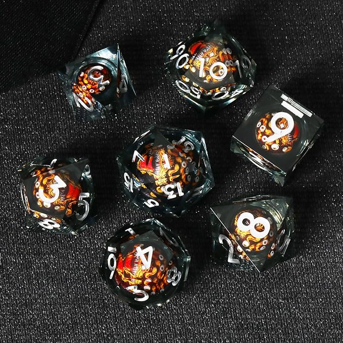 Cthulhu Beholder Polyhedral Resin Dice Set for Dungeons and Dragons Sharp Edge 7 PCS for D&D RPG Starter and Role-Playing Games, with Gift Box (Black-Orange)
