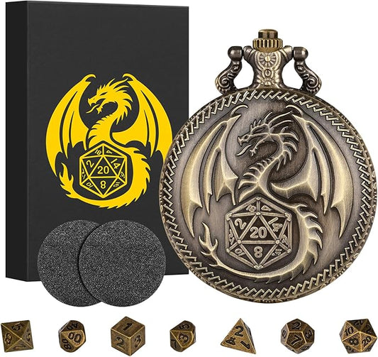Mini DND Dice Set Steampunk Dragon Pocket Watch Shell Case, 7pcs Polyhedral Metal D&D Dice Set, DND Gifts with Gift Box for Men Women, Role Playing Board Games Accessories, Bronze