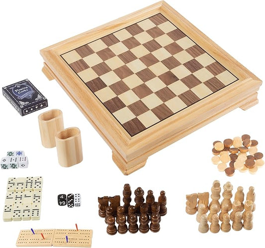 Board Game Set - Deluxe 7-in-1 Classic Board Games for All Ages - Wood Game Center with Storage - Chess, Backgammon, Dominos, Checkers, Dice Set, Cribbage Board, and Playing Cards by Trademark Games
