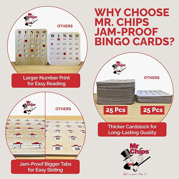MR CHIPS Jam-Proof Bingo Cards with Sliding Windows, 25 Reusable Shutter Cards, 75 Calling Cards 1 Master Board in Tan Woodgrain Style