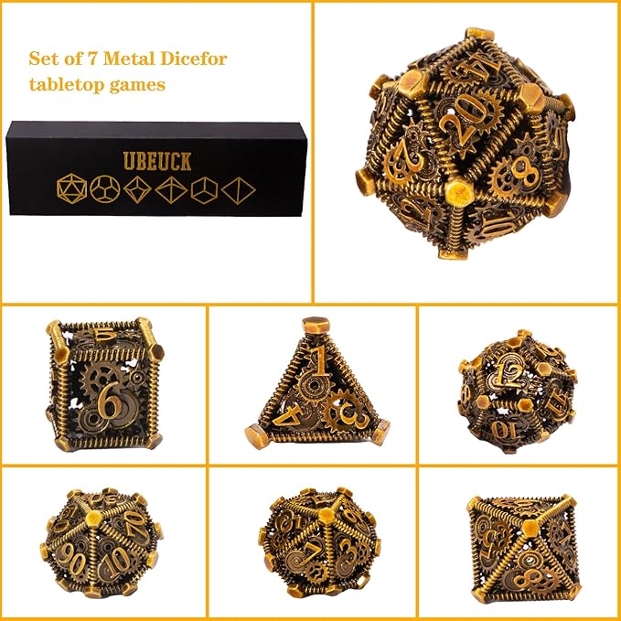 DND Metal Dice Set, UBEUCK 7PCS Gear Metal DND Dice Set for Dungeons & Dragons Board Games Boxes (Gear Ancient Golden)