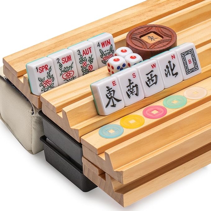 Yellow Mountain Imports American Mahjong Set, Harbor Mint with Beige and Blue Canvas Tote Bag - 4 All-in-One Racks with Pushers, Wright Patterson Scoring Coins, Dice, & Wind Indicator