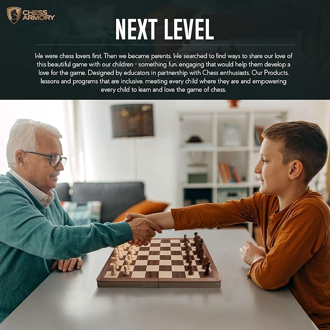 Chess Armory Wooden Chess Set 15 Inch - Premium Beech Wood Handcrafted Game Board for Adults and Kids with Extra Queen Pieces and Storage Box - Ideal for Home and Travel - Non-Magnetic