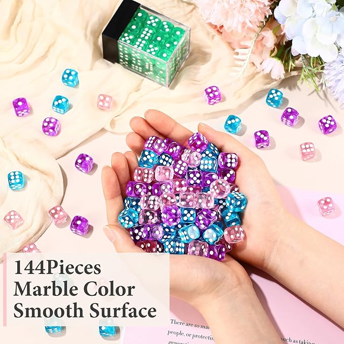 144 Pieces 12mm 6 Sided Mini Dice Set for School Classroom Table Games D6 Game Standard Dice with Portable Plastic Box for Bunco or Teaching Math Learning(Translucent Color)