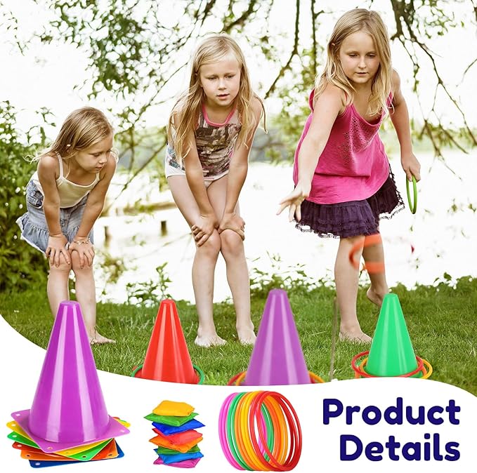 Hungdao 3 Sets Carnival Games Combo Set, Dart Board with Balls Plastic Cones Ring Bean Bags Toss Game for Boys Girls Adults Family Birthday Yard Indoor Outdoor(Bright Color,Classic Style)
