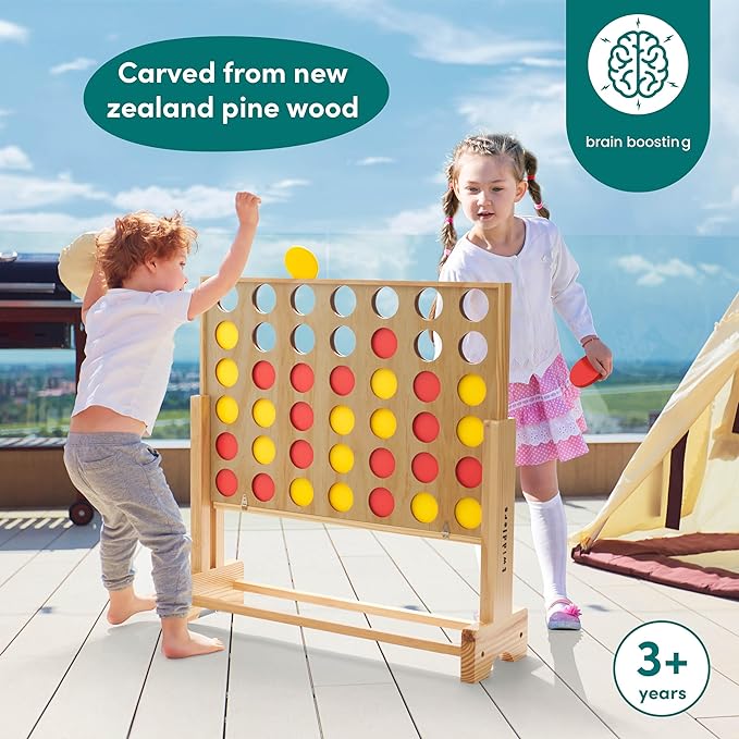 THE TWIDDLERS - 2.4ft Giant 4 in a Row Connect Game with Adjustable Height & Carry Bag (Wooden) | Jumbo Four in a Row Game for Kids and Adults, Outdoor Yard Game, Large