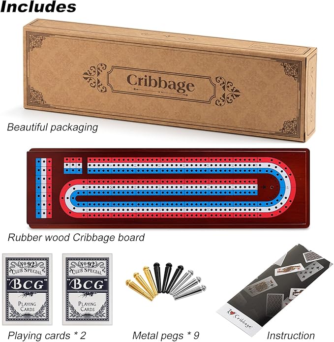 Cribbage Board Game Set with Large Storage Area, Solid Wood 3 Track Cribbage Board, 9 Metal Pegs, 2 Playing Cards and Instruction. Travel Cribbage Sets for All Ages(Vintage Color).