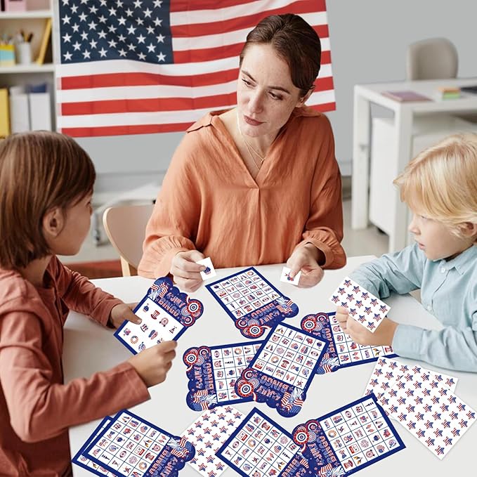 4th of July Bingo Game Cards for Kids Adults, 24 Players Patriotic Bingo Cards Independence Day Game for School Classroom Family Activities Patriotic Party Favors Supplies