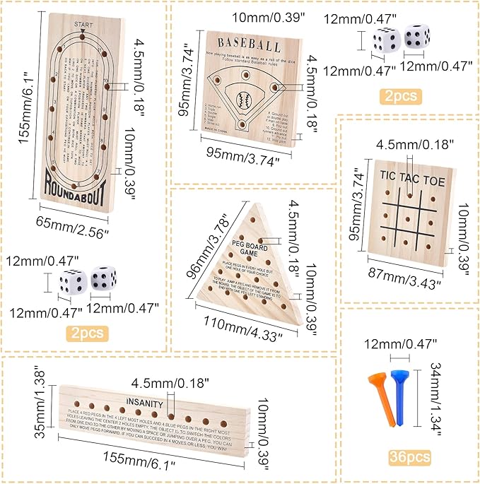 SUPERFINDINGS Wooden Peg Games Assortment Kit Wooden Board Game Set Including 5 Style Wooden Game Board and Plastic Pieces and Dice Puzzle Brain Games Set