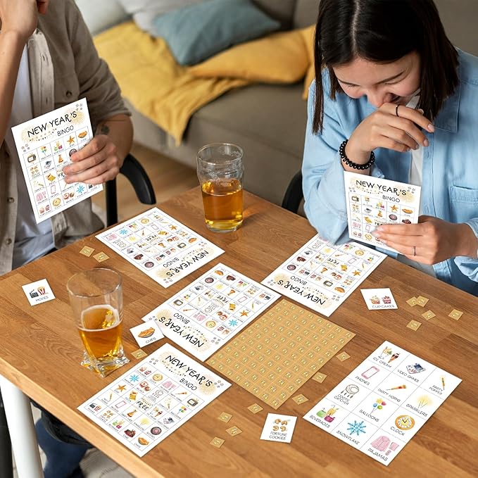 New Year's Bingo Card Set - 24 Players, Happy New Year Activities for Family Party, 5x7 inches Bingo Game Kit, Friends Bingo Game New Year Activities Supplies, Festival Gift for Adult Teen -01