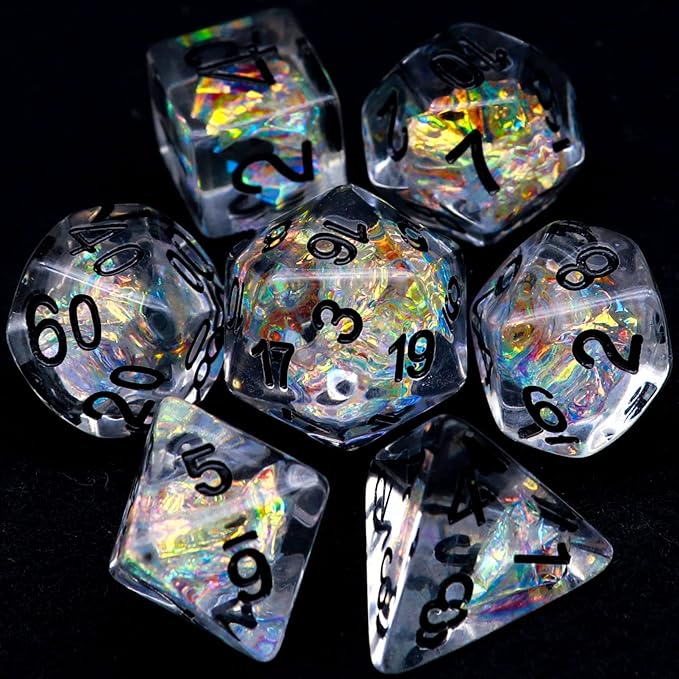 Haxtec Clear DND Dice Set 7PCS Filled Resin Polyhedral D&D Dice W/Iridescent Rainbow Mylar Inclusion for Roleplaying Games Dungeons and Dragons Gift