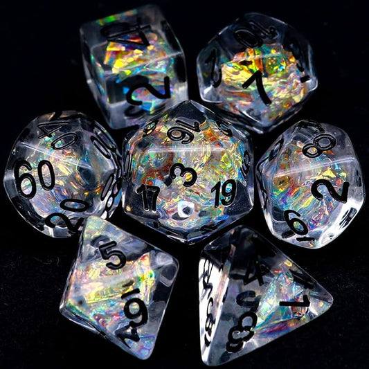 Haxtec Clear DND Dice Set 7PCS Filled Resin Polyhedral D&D Dice W/Iridescent Rainbow Mylar Inclusion for Roleplaying Games Dungeons and Dragons Gift