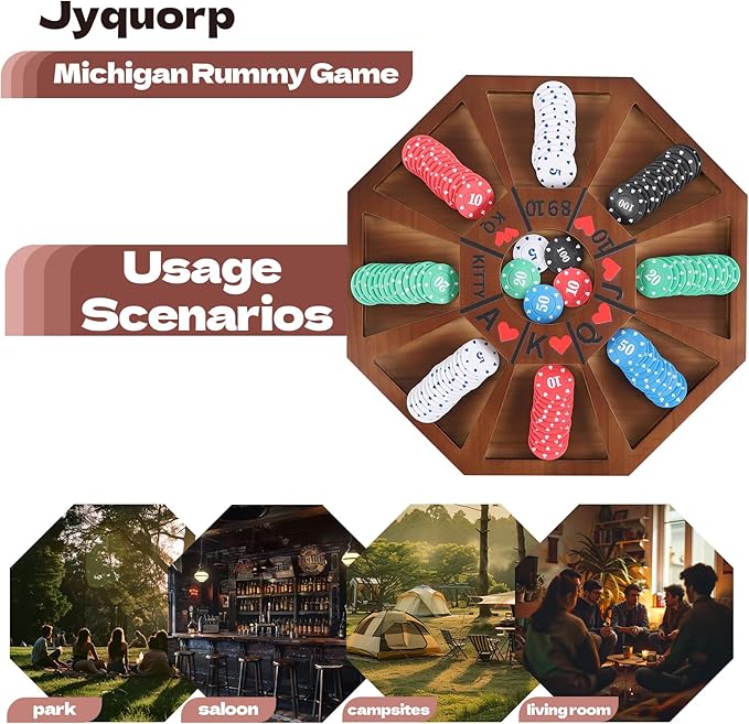 Michigan Rummy Board Game Deluxe Set Perfect Blend of A Royal Game of Hearts Rummy Poker Wooden Tripoley Game Betting Bluffing Classical Family Card for 100 Chips (Walnut -Medium)