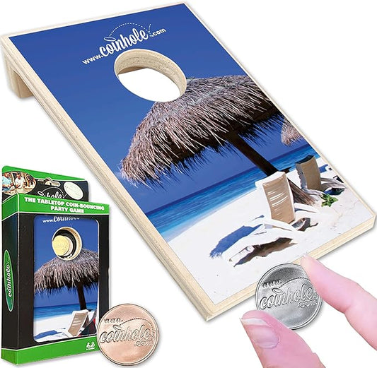 Desktop Coin Bouncing Party Set | Tabletop Cornhole Board | Small Travel Game Includes Coins