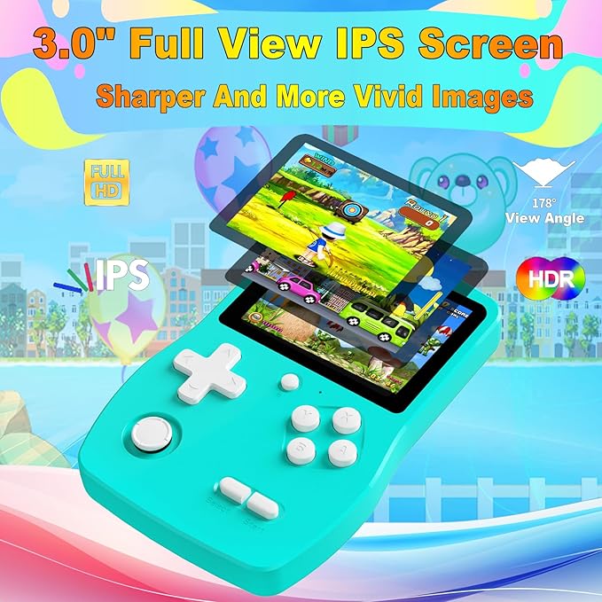 32 Bit Handheld Games for Kids,3.0'' IPS Screen and Built in 139 Video Games,Rechargeable Portable Electronic Gaming System Toys for Ages 4-14,Boys Girls Xmas Birthday Gift (Cyan)
