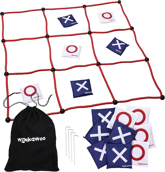 WonkaWoo Giant Tic Tac Toe Bean Bag Toss Game Playset, Large 3' x 3' Tic Tac Toe Rope Grid, Outdoors Lawn Yard Game for Family and Kids
