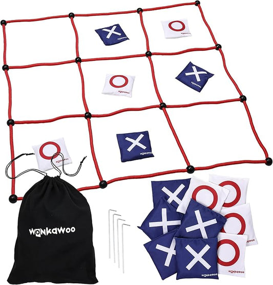 WonkaWoo Giant Tic Tac Toe Bean Bag Toss Game Playset, Large 3' x 3' Tic Tac Toe Rope Grid, Outdoors Lawn Yard Game for Family and Kids