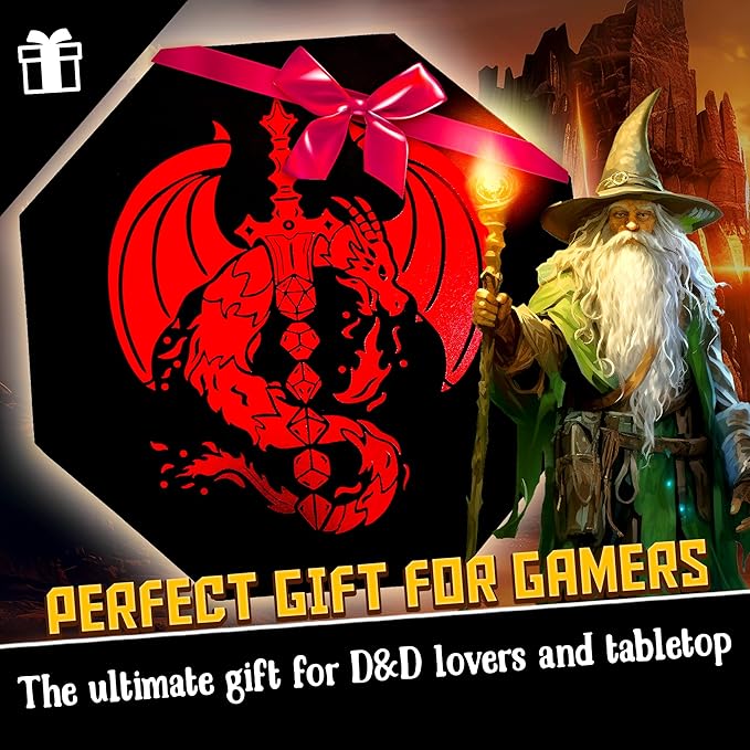 Deep Red Fire Dragon Dice Tray with Dice Sword Artwork – 9" Octagon with Lid, Holds 5 Dice Sets – Perfect for D&D, Call of Cthulhu, Shadowrun, and All Tabletop RPGs