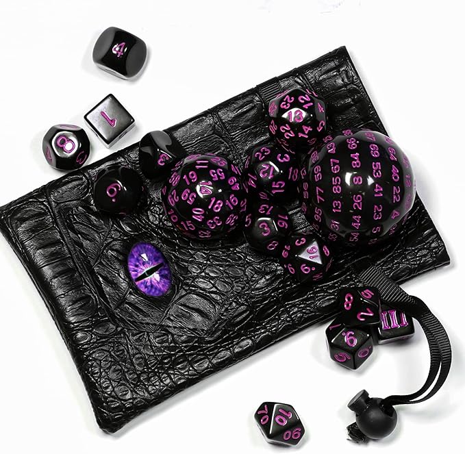 15 Pieces Complete Polyhedral DND Dice Set D3-D100 Spherical D&D Dice Set with Dragon Eye Dice Bag, D100 Dice for Dungeons and Dragons, RPG, MTG Table Games(Black w/Purple Numbers)