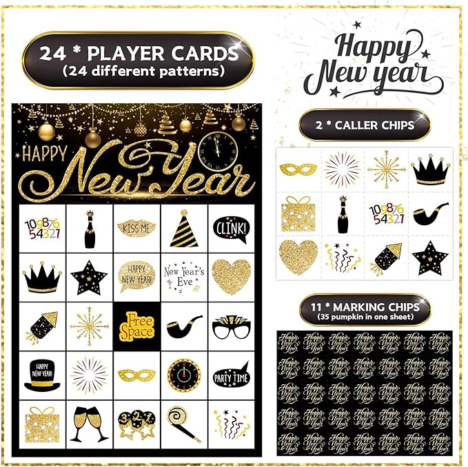 Funnlot New Year Eve Games 24 Players New Year Eve Bingo New Year Games for Kids New Year Bingo Game Cards for School New Years Eve Kids Activities New Years Party Supplies