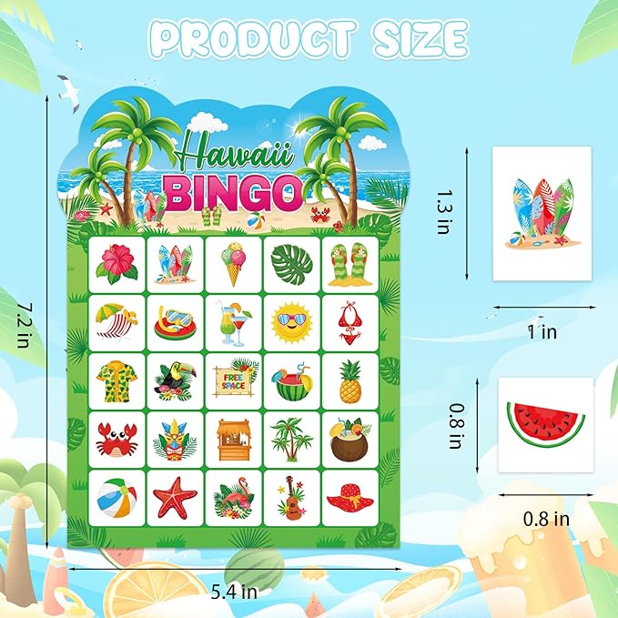 Summer Bingo Game Cards for Kids Adults, 24 Players Tropical Hawaiian Bingo Cards for School Classroom Family Activities Summer Party Favors Supplies