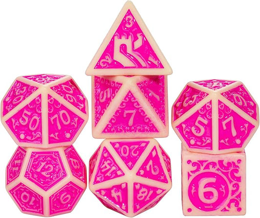 7-Die DND Dice Set New Pattern Polyhedral Dice Set with Leather Bag D&D Dice Set for Dungeons and Dragons RPG MTG Table Games(Yellow Pink)