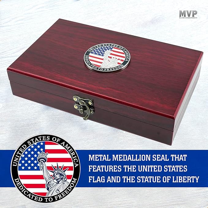Military Gift Shop American Flag Playing Cards with Dice – Wooden Keepsake Box Adorned with Metal USA Medallion Dedicated to Freedom - Veteran Owned Business