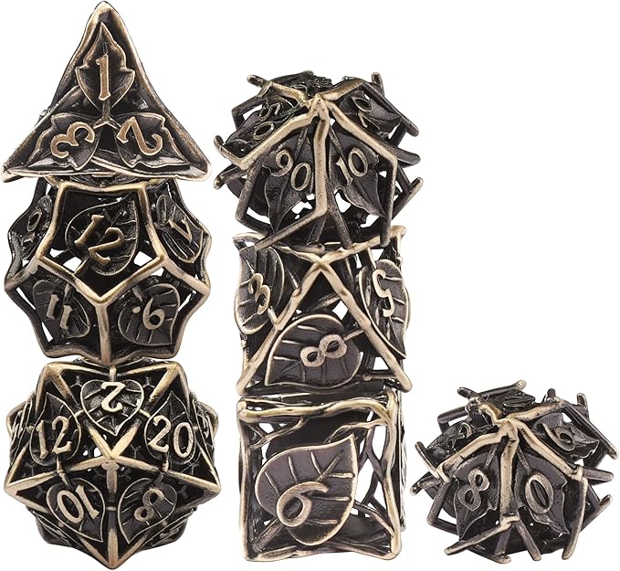 AUSTOR Metal DND Dice Set 7 Pieces Leaf DND Dice Hollow Polyhedral Dice D20 D12 D10 D% D8 D6 D4 Metal Dice with Metal Box for Dungeons & Dragons RPG Board Games (Antique Bronze)