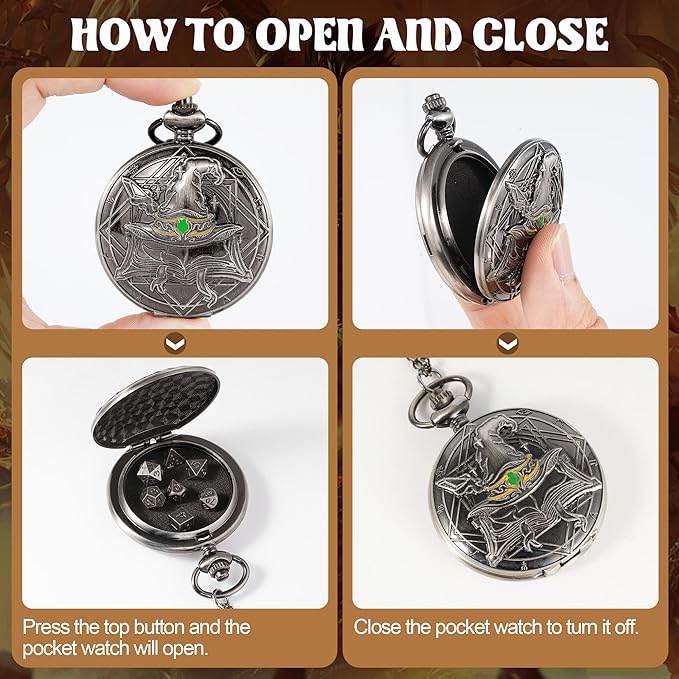D&D Dice Set,7PCS Metal Dice for Dungeons and Dragons,Mini Dice Set with Pocket Watch Case,Role Playing Board Games Accessories (Wizard, Ancient Silver)
