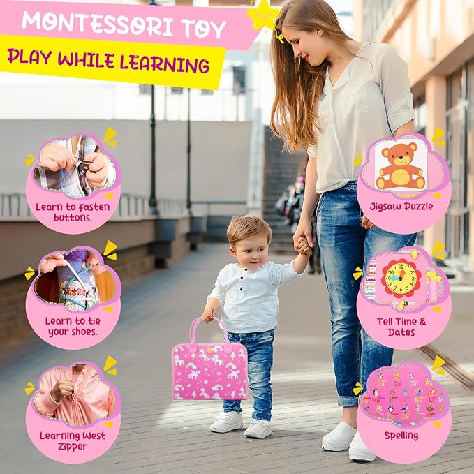 Busy Board for Toddlers 1-4, Montessori Toys for Kids, Pink 8 Pages