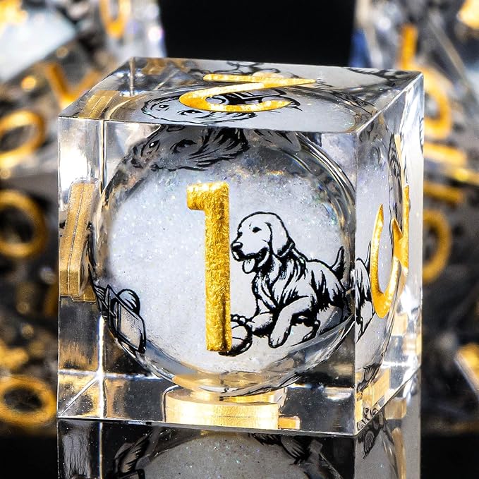 KERWELLSI Dog Liquid Core DND Dice Set with Gift Box, 7 Pcs Resin Sharp Edged Dice, Role Playing Dice D20 D12 D10 D8 D6 D4, White and Gold
